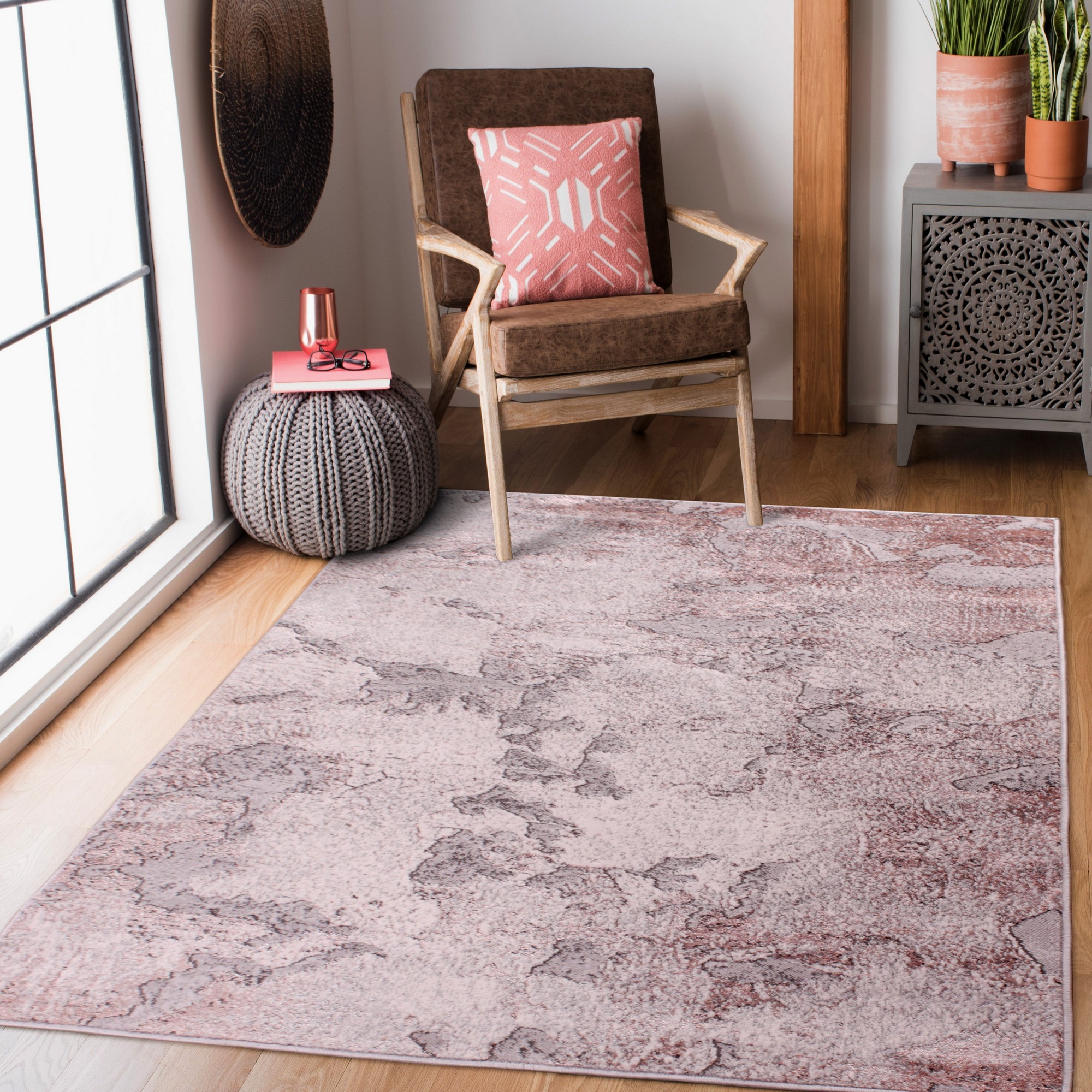 Carrara E2592 Marbled Modern Abstract Rugs In Pink